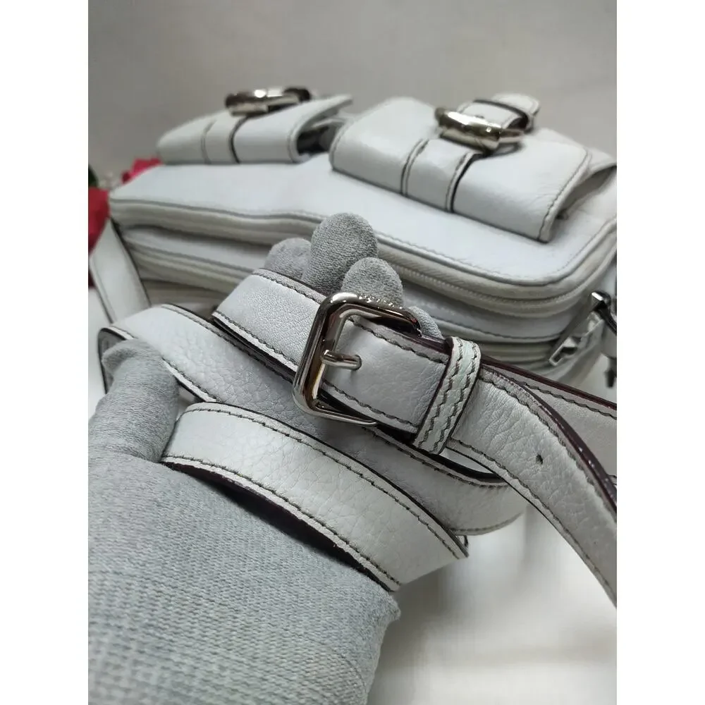 Tignanello White Leather Double Zippers Pockets Crossbody Bag